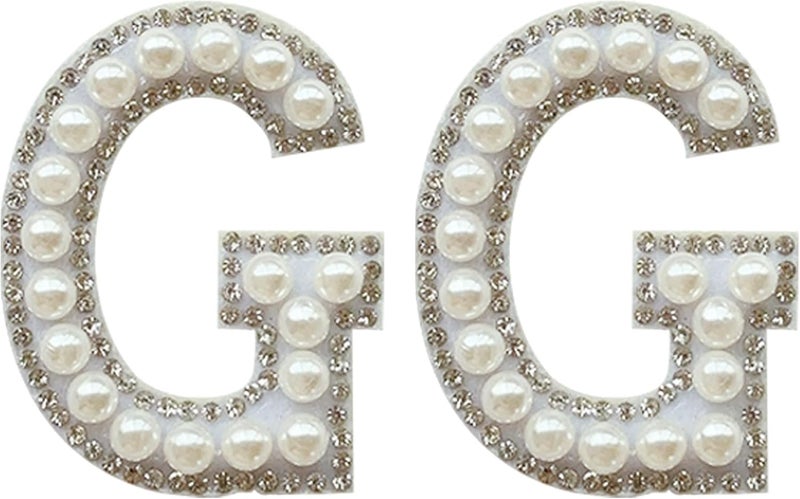 SOYCEV 2PCS White Pearl Iron on Rhinestone & Sequin Sparkly Letter Patches for Backpacks & Clothing (G) - Image 1